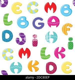 Nahtloses Muster buntes Alphabet auf weißem Hintergrund. Stock Vektor