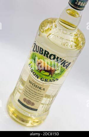 KIEW, UKRAINE - 23. OKTOBER 2020: Zubrowka Bison Grass Vodka Flasche Nahaufnahme vor weißem Hintergrund. Es ist ein aromatisierter polnischer Wodka Likör, der con Stockfoto