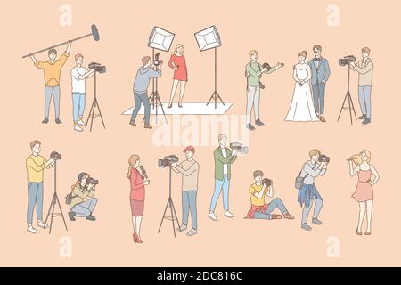 Foto- und Videoaufnahmen, Paparazzi, Journalismus-Set-Konzept. Männer, Frauen Fotografen Journalisten mit Kameras Aufnahme Video, Bilder, Foto Stock Vektor