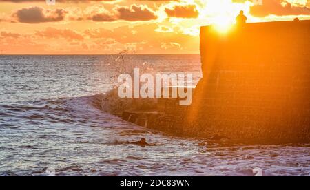 Brighton UK 19. November 2020 - Surfer warten auf die richtige Welle bei Sonnenuntergang vor Brighton Beach, während die Menschen den Tag an der Südküste genießen : Credit Simon Dack / Alamy Live News Stockfoto