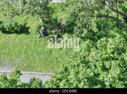 Arbeiter mäht das Gras mit einer Benzin-Motorsense in der Stadt, Draufsicht Stockfoto