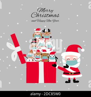 santa cluas entkästchen Weihnachtsgeschenk, das Tiere, die tragen enthält Masken, Vektorgrafik Stock Vektor