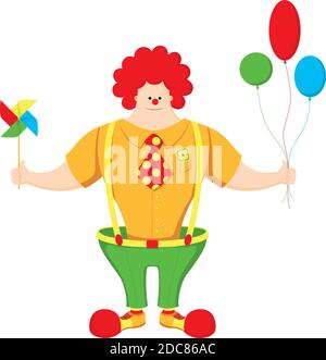 Clown mit Luftballons und Windrad auf weißem Hintergrund Stock Vektor