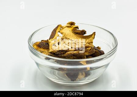 Getrocknete Pilze Lorbeer in Glasschüssel Nahaufnahme gegen Weiß Bodengrund Stockfoto