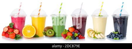 Sammlung von Fruchtsaft Smoothies trinken viele Getränke Tassen gesund Essen isoliert auf weißem Hintergrund Stockfoto