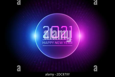 Frohes neues Jahr 2021 im Kreis Neon-Licht-Farbe Hintergrund Stock Vektor