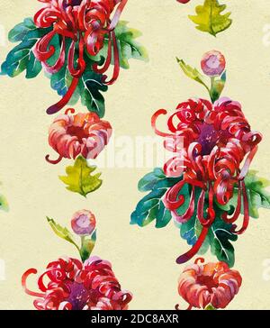 Rote Chrysantemum Tapete nahtlose Muster aus original Aquarell Stockfoto