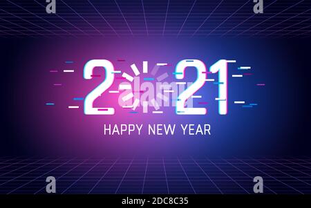 Frohes neues Jahr 2021 mit laden Glitch Font-Effekt in Neonlicht Farbe Hintergrund Stock Vektor