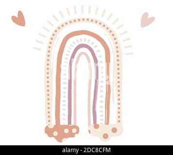 Boho Rainbow Print mit Wolken für Spielzimmer mit neutralen Geschlechterfarben. Vektorgrafik. Fabelhaftes Objekt isoliert auf Weiß. Stock Vektor