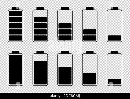 Satz von Akkuladestandanzeigen schwarz auf transparentem Hintergrund. Stock Vektor