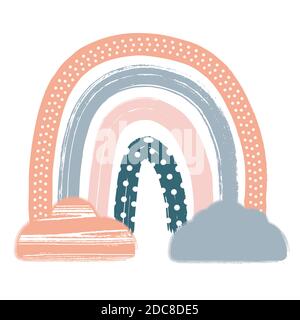 Scandinavian Boho Nursery Rainbow Print mit Wolken für Spielzimmer mit Neutral Geschlecht Farben. Vektorgrafik. Faboluos Objekt isoliert auf Weiß. Stock Vektor