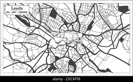 Leeds Grossbritannien Stadtplan in Schwarz und Weiß im Retro-Stil. Übersichtskarte. Vektorgrafik. Stock Vektor