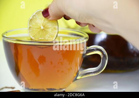 Mädchen setzt eine Zitrone in transparente Tasse und Teekanne mit schwarzem Tee, trockenen Tee Brühen auf dem Tisch, Bergamotte Scheiben, oder Zitrone oder Limette auf einem weißen Hintergrund. Stockfoto