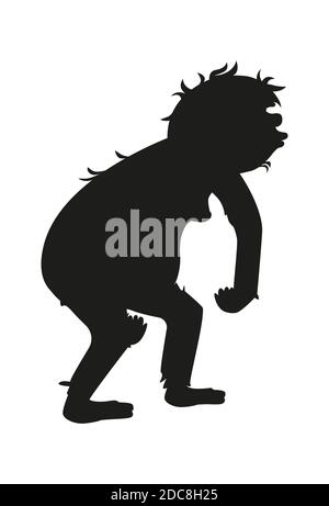 Alte Affe oder Homo erectus schwarze Silhouette, menschliche Vorfahren Cartoon Vektor Illustration. Tailless großen Affen, Primaten, einer der Stufen in Darwin Evolutionstheorie, isoliert auf weißem Hintergrund Stock Vektor