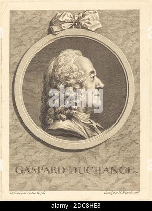 Nicolas-Gabriel Dupuis, (Künstler), französisch, 1698 - 1771, Charles-Nicolas Cochin II, (Künstler danach), französisch, 1715 - 1790, Gaspard Duchange, 1755, Gravur und Radierung auf Büttenpapier, Platte: 19.5 x 14.5 cm (7 11/16 x 5 11/16 Zoll), Blatt: 34.5 x 25 cm (13 9/16 x 9 13/16 Zoll Stockfoto