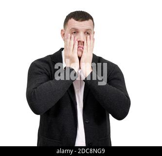 Gestresster Geschäftsmann mit Händen auf dem Gesicht über weißem Hintergrund mit Copy Space, Traurigkeit und enttäuscht Konzept Stockfoto
