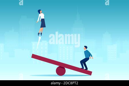 Vektor eines Mannes, der auf einer Wippe springt, die einem hilft Geschäftsfrau auf der anderen Seite zu fliegen Stock Vektor