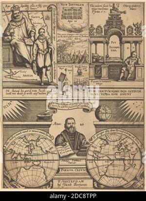 Britisches 17. Jahrhundert, (Künstler), Frontispice, Samuel Purchas' Pelgrimagie, (Serie), veröffentlicht 1655, Radierung Stockfoto