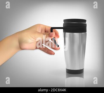 Die naturalistische Hand des Menschen hält ein realistisches 3D-Modell der Thermoskanne. Abbildung. Stockfoto