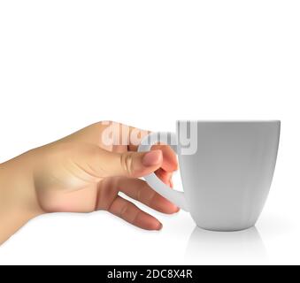 Die naturalistische Hand des Menschen hält ein realistisches 3D-Modell der weißen Farbe. Abbildung. Stockfoto