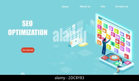 Isometrische Vektor SEO-Optimierung für Website auf mobilen Geräten Stock Vektor