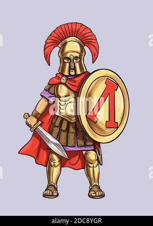 Spartan Hoplite Karikatur. Griechischer Held. Vorlage für Malbuch. Stockfoto