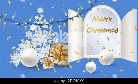 Weihnachten Adventskalender Türen öffnen sich mit goldenen Buchstaben. Weiße weihnachtskugeln, Schneeflocken, realistische Geschenküberraschung mit Band, goldenes fliegendes Lametta Stock Vektor