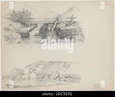 John William Casilear, (Künstler), Amerikaner, 1811 - 1893, Bridge over Rocky Stream, Graphit, Blatt: 27.9 × 35.5 cm (11 × 14 Zoll Stockfoto