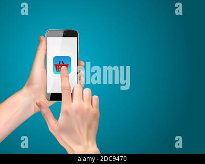 Realistische 3D Silhouette der Hand mit Shopping-Symbol. Abbildung Stockfoto