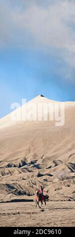 Panoramafoto von einem Pferderitt am Mount Bromo, Bromo Tengger Nationalpark, Ost-Java, Indonesien, Asien, Hintergrund mit Kopierplatz Stockfoto