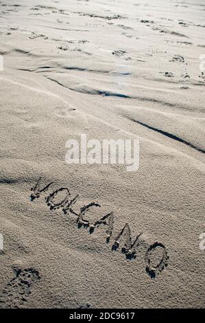 Der Word Vulkan geschrieben in Ash am Mount Bromo, Bromo Tengger Semeru Nationalpark, Ost-Java Indonesien, Asien Stockfoto