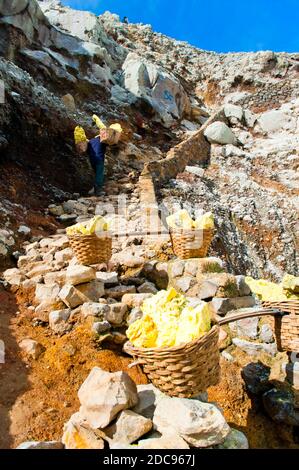 Schwefelarbeiter bei Kawah Ijen, Java, Indonesien, Asien Stockfoto