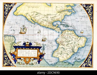 Abraham Ortelius Karte der Amerikas - Americae sive Novi Orbis, Nova Descriptio. Die erste Platte dieser Karte, die ursprünglich 1570 veröffentlicht wurde, basiert auf der mehrblattigen Weltkarte von Gerard Mercator aus dem Jahr 1569. Diese von Frans Hogenberg gravierte Karte wurde zu einer der berühmtesten einflussreichsten Karten der Neuen Welt und zur Grundlage für eine große Menge zukünftiger Karten Amerikas. Abraham Ortelius (1527-1598) war ein niederländischer Kartograph, Geograph und Kosmograph, der konventionell als Schöpfer des ersten modernen Atlas, des Theatrum Orbis Terrarum, anerkannt wurde. Stockfoto