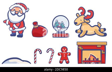 Weihnachtsmann mit Geschenken auf weißem, isoliertem Hintergrund. Weihnachtssticker Set für Einladung oder Geschenkkarte, Notizbuch, Badetuch, Sammelalbum. Telefontasche oder Stock Vektor