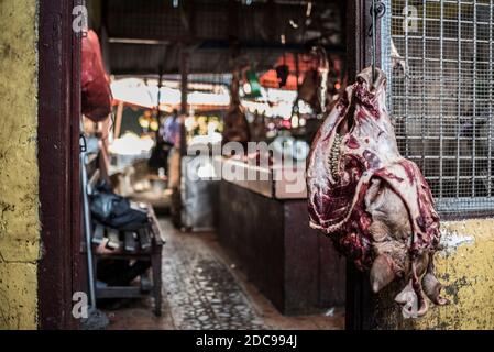 Kühe stehen an einem Metzgerstand in Berastagi (Brastagi) Markt, Nord-Sumatra, Indonesien, Asien Stockfoto