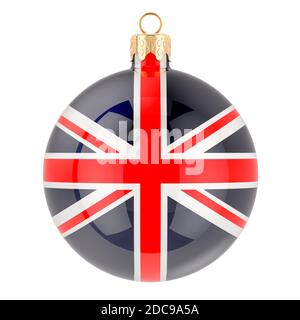 Weihnachtskugel mit britischer Flagge, 3D-Rendering isoliert auf weißem Hintergrund Stockfoto