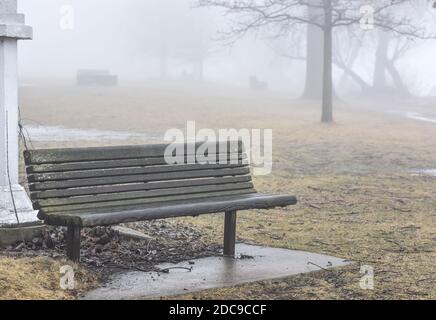 Leere Parkbank im Park an einem nebligen Morgen Stockfoto