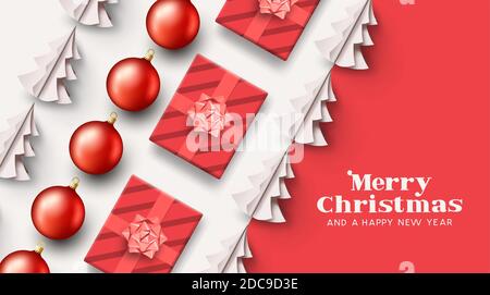 Weihnachten Hintergrund Layout mit weihnachtsgeschenke, Kugeln und Weihnachtsbäume. Abstrakte Vektordarstellung. Stock Vektor