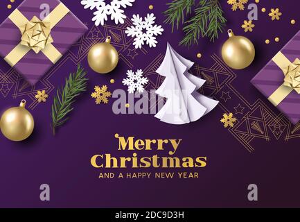 Fröhliche weihnachten Layout Komposition mit lila und goldenen Farben, weihnachtsdekorationen und Tannenzweigen. Vektorgrafik Stock Vektor