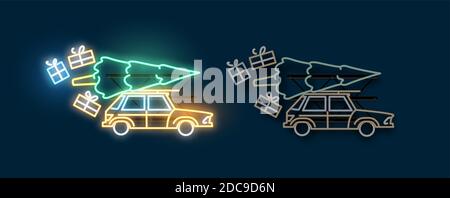 Ein Auto, das zu weihnachten mit einem weihnachtsbaum und Geschenken nach Hause fährt. Neon-Leuchtenschild mit an- und aus-Versionen. Vektorgrafik. Stock Vektor