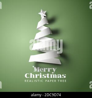 Ein realistischer Weihnachtsbaum aus Papier mit Stern, Kartendeko mit Schatten. Vektorgrafik. Stock Vektor