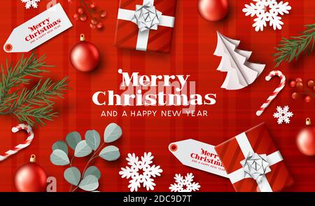 Eine rote fröhliche weihnachten Hintergrund Layout mit Weihnachten Dekorationen. Festliche Vektorgrafik Stock Vektor