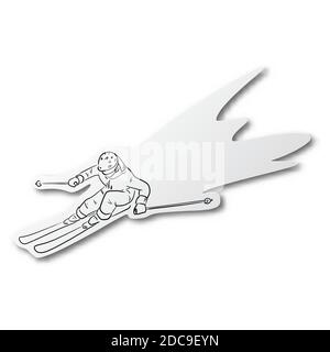 Vektor-Illustration schwarze Linie von Hand gezeichnet von Skifahrer Skifahren bergab Auf geschnittenem Papier mit Schatten isoliert auf weißem Hintergrund Stock Vektor