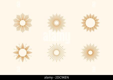 Großes Set von Sun Shapes und Sunburst in minimalem trendigen Stil. Vektor-Symbol, Logo, Etiketten, Abzeichen isoliert. Boho Illustration für T-Shirts Print, Wandkunst Stock Vektor