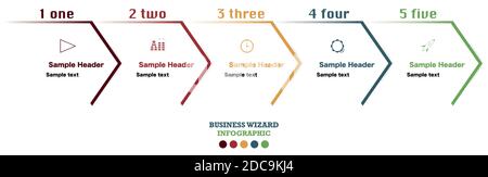 Infografik mit fünf Assistentenschritten zur Geschäftsentwicklung. Flussdiagramm zur Marketingpräsentation von Projektdetails Stock Vektor