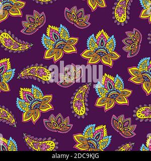 Strahlendes, nahtloses Psychedelic-Muster mit floralen und paisleyfarbenem Elementen Stock Vektor