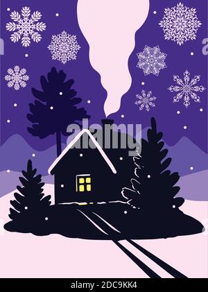 Niedliche Weihnachtskarte mit gemütlichem Häuschen und Tannenbäumen. Schneit am Abend. Stock Vektor