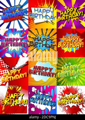 Alles Gute zum Geburtstag. Geschenkkartenset. Vektor Comic Stil Illustration Kollektion. Paket von Geburtstagskarten Vorlagen. Design für Geburtstagseingeladenen Stock Vektor
