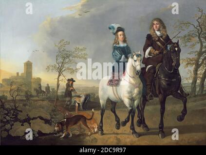 Aelbert Cuyp, (Künstler), Holländisch, 1620 - 1691, Lady and Gentleman on Horseback, c.. 1655, überarbeitet 1660/1665, Öl auf Leinwand, insgesamt: 123 x 172 cm (48 7/16 x 67 11/16 Zoll), gerahmt: 164.8 x 214 x 16.2 cm (64 7/8 x 84 1/4 x 6 3/8 Zoll Stockfoto