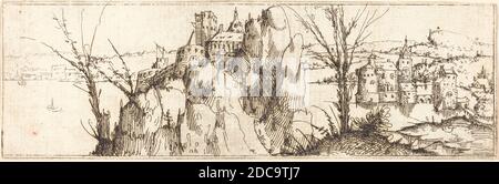 Augustin Hirschvogel, (Künstler), deutsch, 1503 - 1553, Landschaft mit See, Radierung Stockfoto